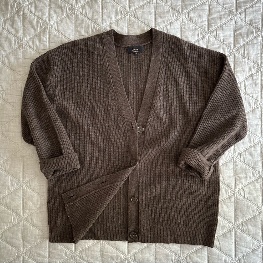 Quince Mongolian Cashmere Oversized Boyfriend Cardigan Sweater in Brown